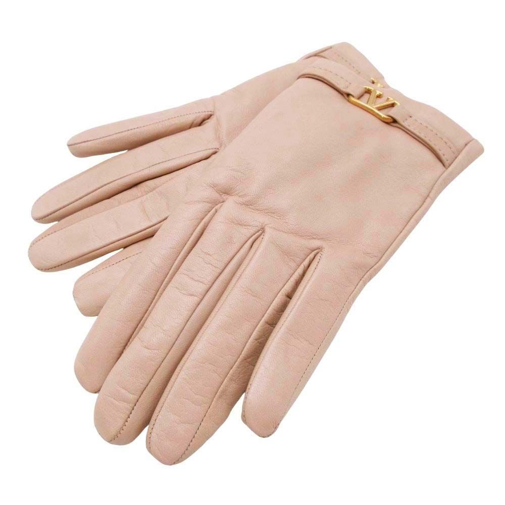 ♥ Valentino Garavani ヴァレンティノ ガラヴァーニ 羊革 ラムレザー カシミヤ グローブ 手袋 五本指 ロゴ金具 7 ベージュ レディース 古着