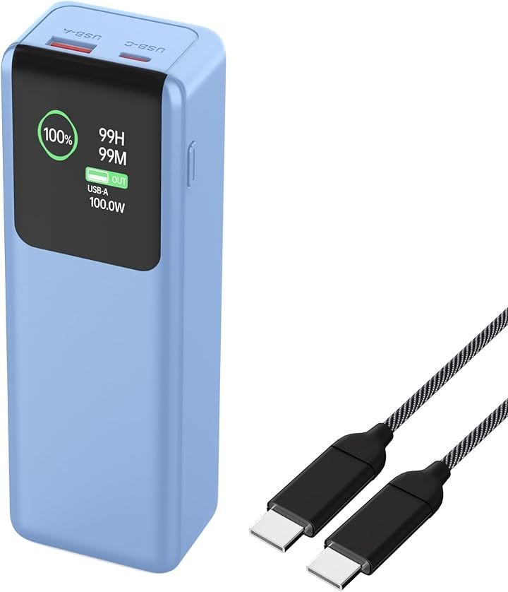 AHEHO 27000mAh 大容量モバイルバッテリー 超充電力 PD100w 急速充電技術 2ポート付きType-C入出力＆USB出力ポート付き 2台同時充電可能 LCDデジタル残量表示 ケーブル付き コンパクト小型 機内持ち込み可能(ブル－)