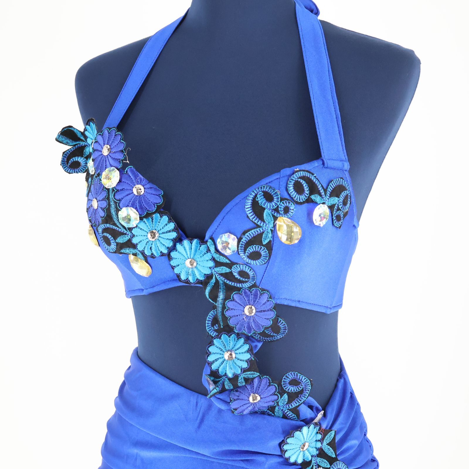 ベリーダンス用 オリエンタル衣装】ブルー ラインストーン 花柄 青