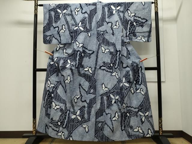 浴衣 有松鳴海絞り 単衣 夏物 木綿 綿 舞蝶花文 ◇現代 有松鳴海絞 浴衣◇【紺 朱他】蝶が飛び交う静寂な空気感