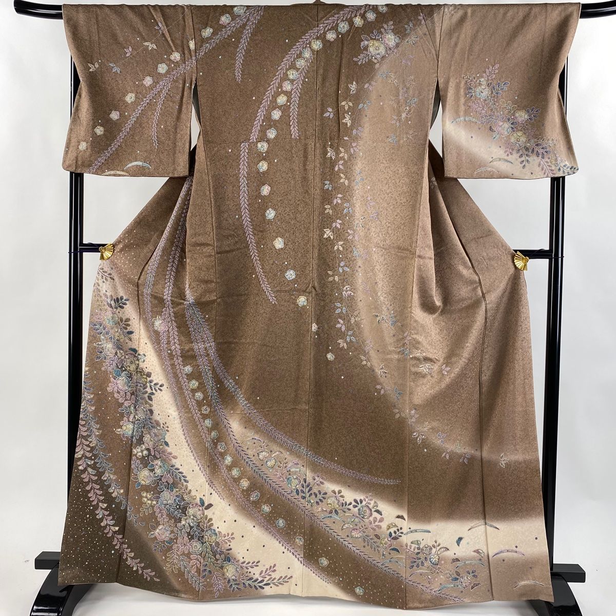 訪問着 身丈163cm 裄丈67.5cm L 袷 辻が花柄 ぼかし 金彩 茶色 正絹 名品