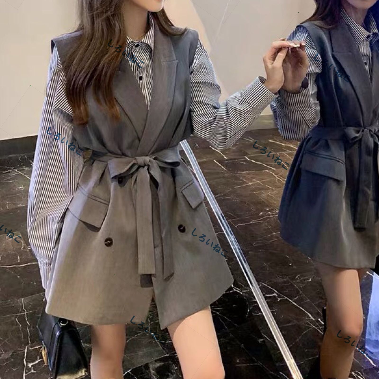 大人カジュアル?シャツ＋ウエストリボンジレセットアップ A0926 レディース 韓国 ワンピース シャツ ジレ グレー S M L しろいねこ