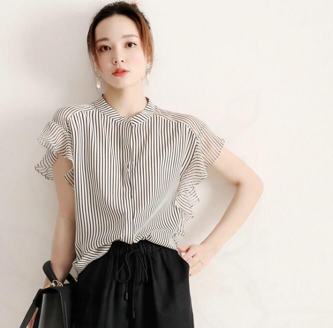 シフォン ストライプ シャツ レディース ブラウス 夏 半袖ブラウス オフィス シャツブラウス レディース おしゃれ 袖口フリル 切り替え 未使用 シフォン レディース ブラウス オフィス シャツブラウス