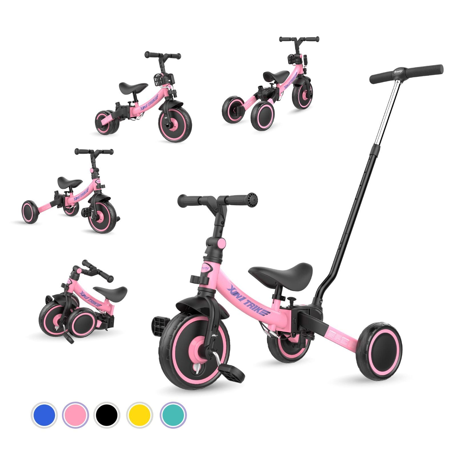 ランニングバイク かじとり ベビーカー 手押し棒 三輪車 1歳から5歳まで 折りたたみ XIN1 軽量 ハンドル 子供用三輪車 調整 誕生日プレゼント besrey お祝いギフト ピンク