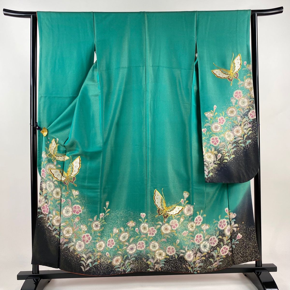 振袖 身丈156.5cm 裄丈64cm M 袷 草花 蝶 金彩 金通し 緑 正絹