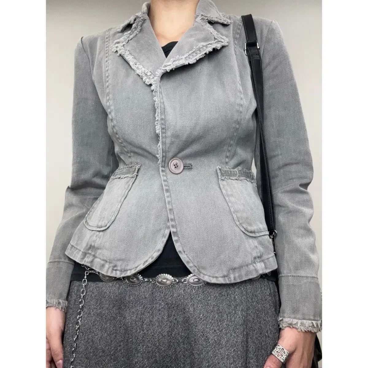 日本 ヴィンテージ グレー ブラックデニム デニム フリンジ ジャケット ブレザー アウター