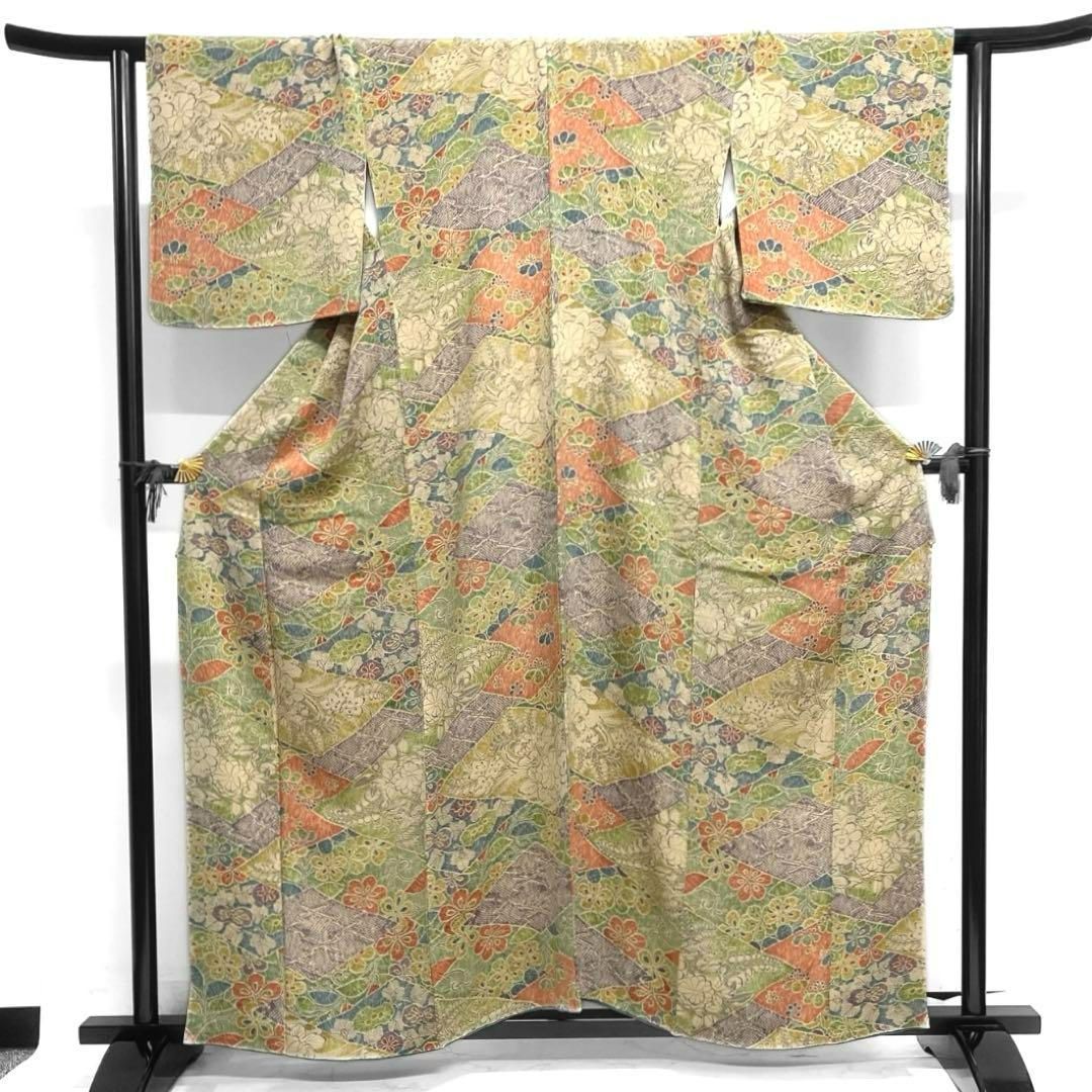 小紋　菱取り　松皮菱　花模様　菊　桔梗　カラフル　着物　023a d 小紋菱取り松皮菱花模様菊桔梗カラフル着物023a d