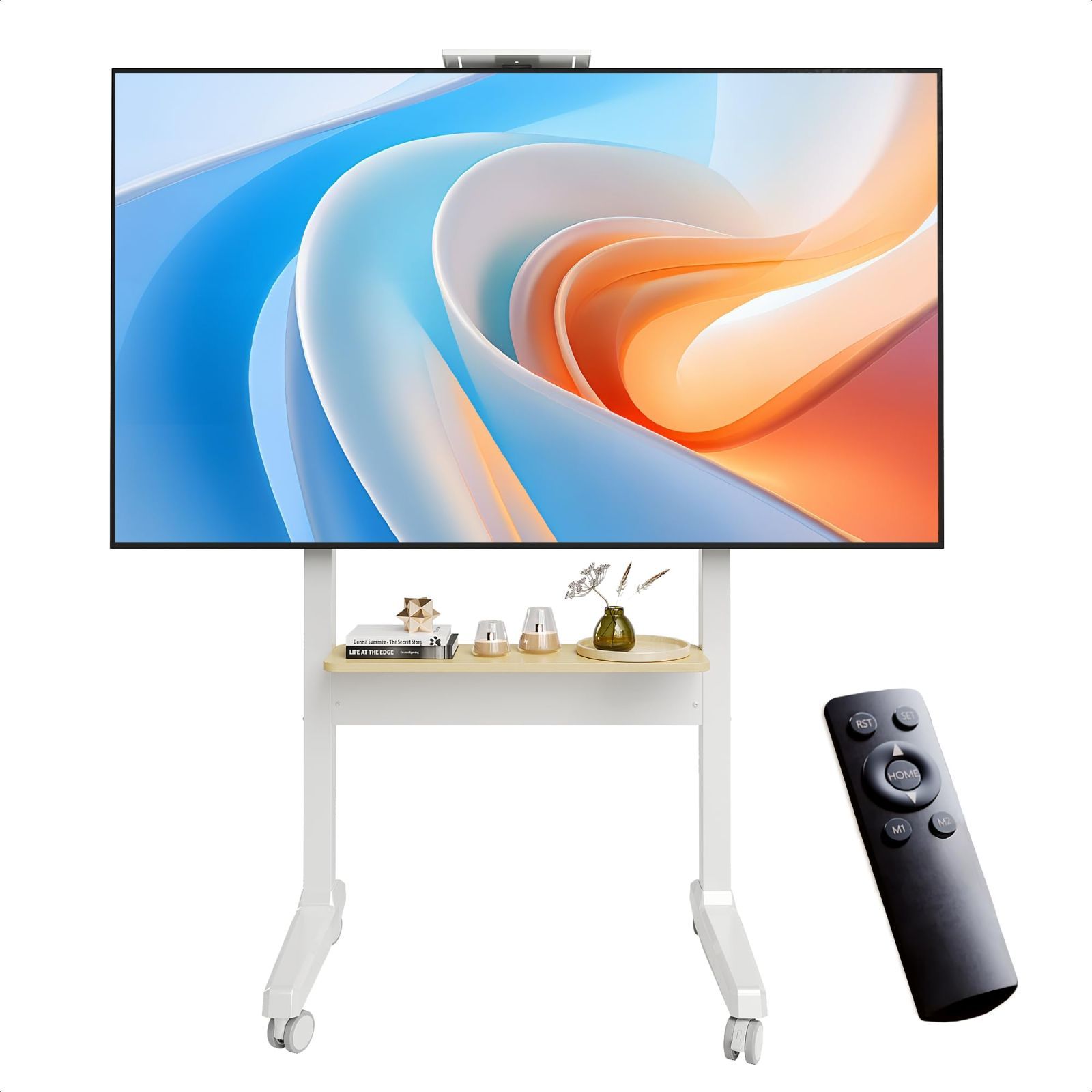 上下昇降 省スペース イーゼル型 自立式 液晶TVスタンド メモリー機能 高さ調整 モニタースタンド 移動式 棚付き ディスプレイスタンド 37-86インチ対応 テレビ台 ハイタイプ 耐荷重70kg キャスター付き 電動昇降 ホワイトフレーム ナチュラル木材