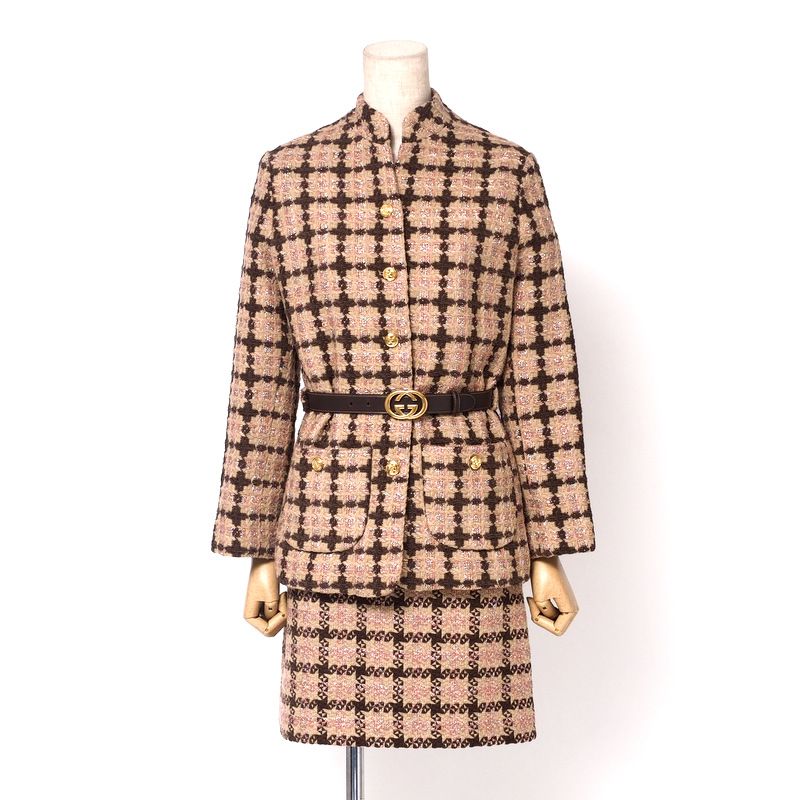 ♥品 2025年製 GUCCI グッチ スカートスーツ サイズ36 155|80Y GGロゴ ゴールド釦 ツイード ジャケット スカート イタリア製 20251003|RA1402