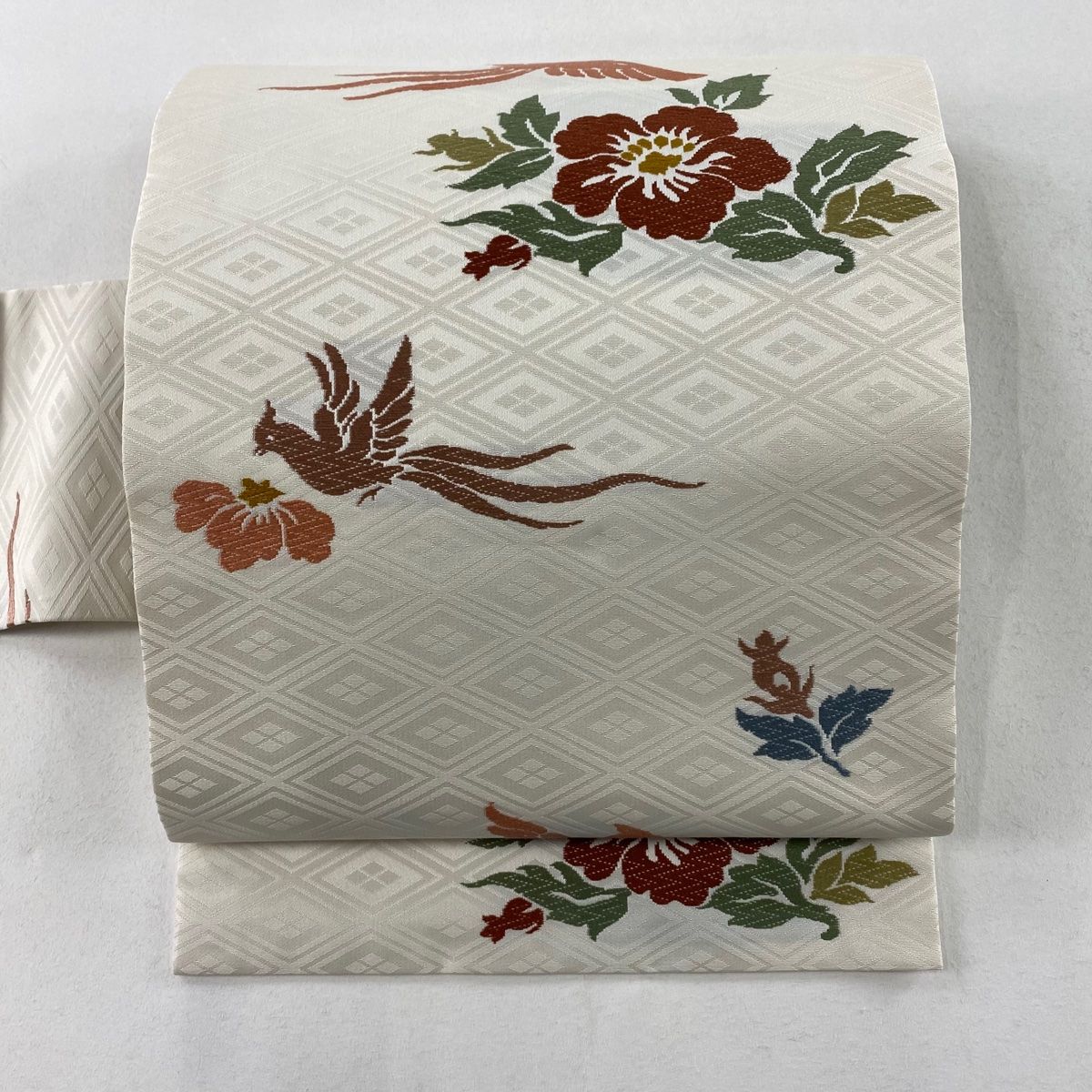 名古屋帯 美品 秀品 鳳凰 草花 唐織 クリーム 正絹 【中古】