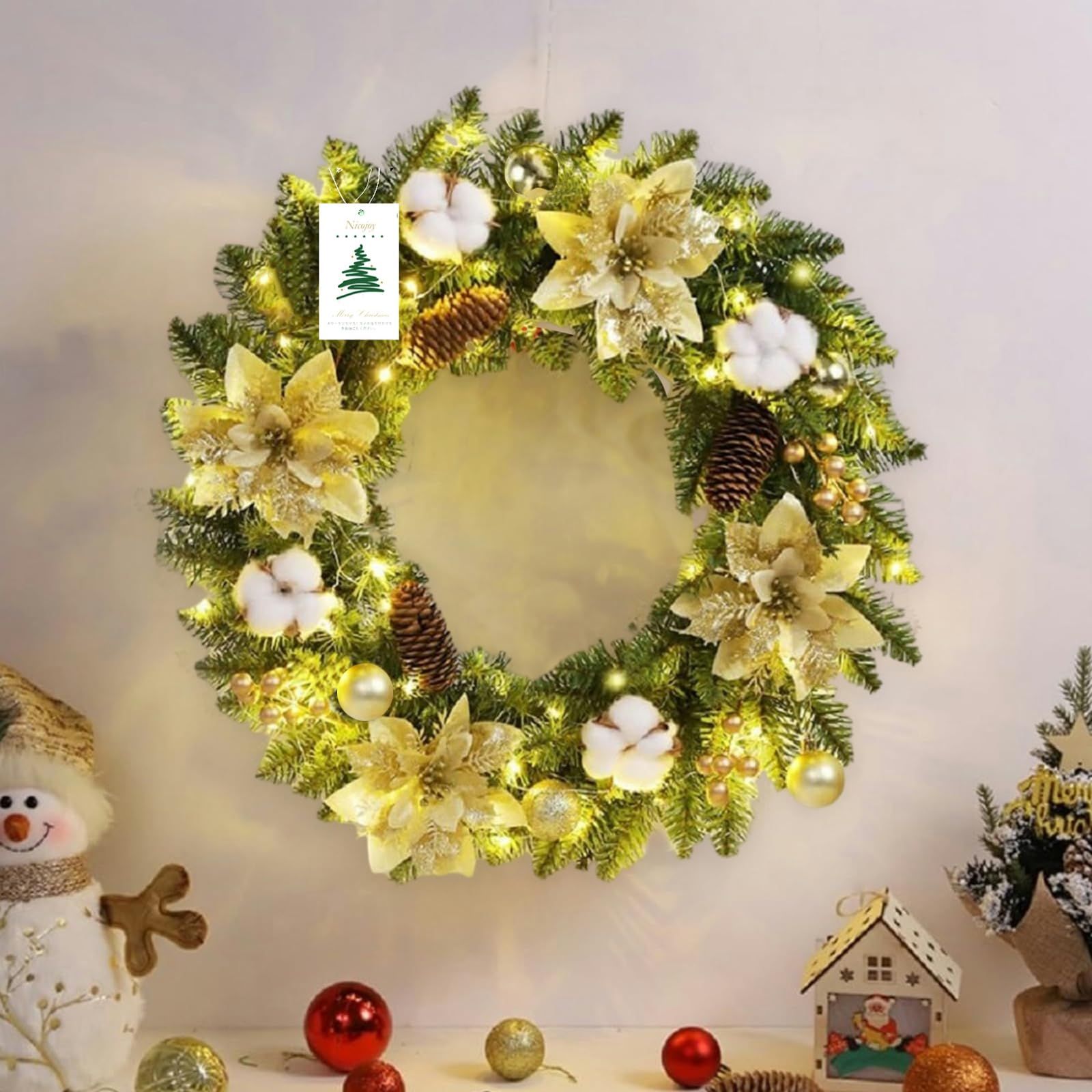 即納】nicojoy クリスマスリース 玄関ドア用 直径40cm LEDライト