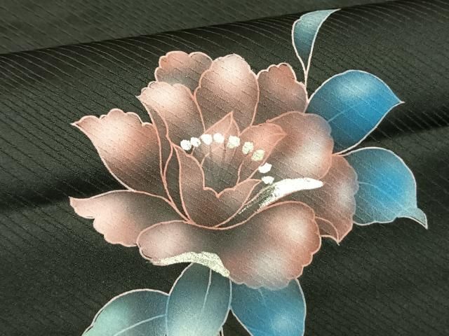 平和屋着物▽訪問着　単衣　草花文　暈し染め　黒地　金銀彩　正絹　逸品　AAAV8406fy 平和屋着物▽訪問着 単衣 草花文 暈し染め 黒地 金銀彩 正絹 逸品