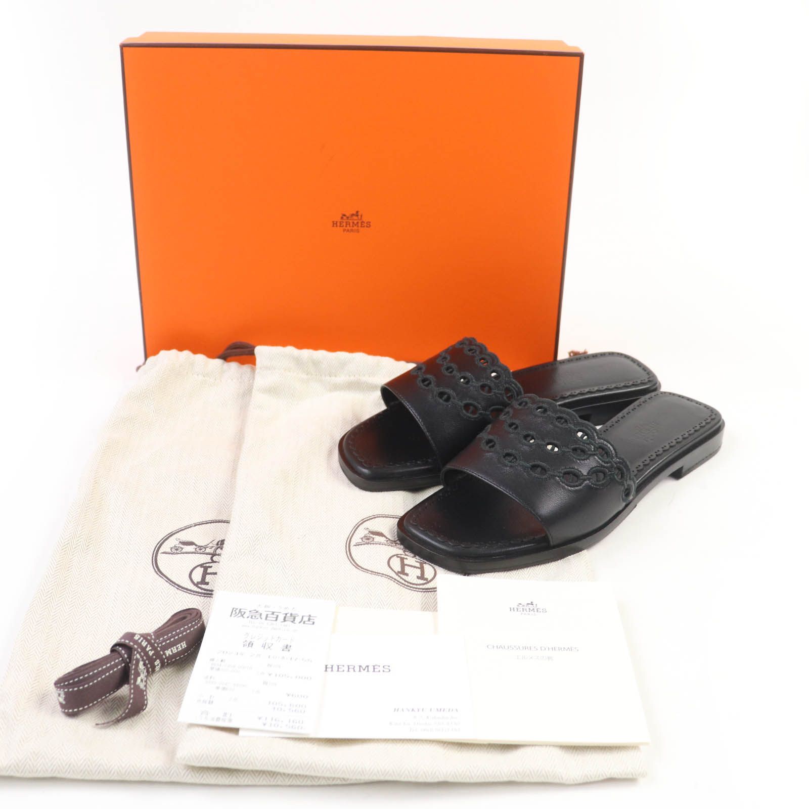 HERMES エルメス ガエル シェーヌダンクル レザー フラットシューズ サンダル ブラック 36.5 箱 保存袋付き イタリア製 レディース