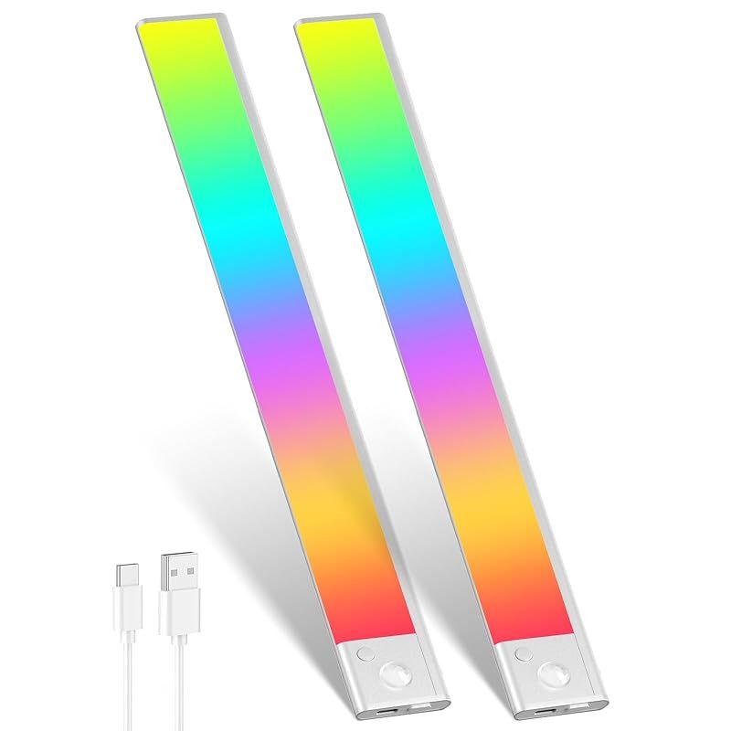 2本入り 人感センサーライト LEDセンサーライト 60cm バーライト カラフル＆昼白色 無段階調光 Type-C 充電式ライト 階段ライト 120° 3M誘導距離 屋内 マグネット 配線工事不要 超薄型設計 省エネ 高感度 間接照明 寝室 廊下 階段 0