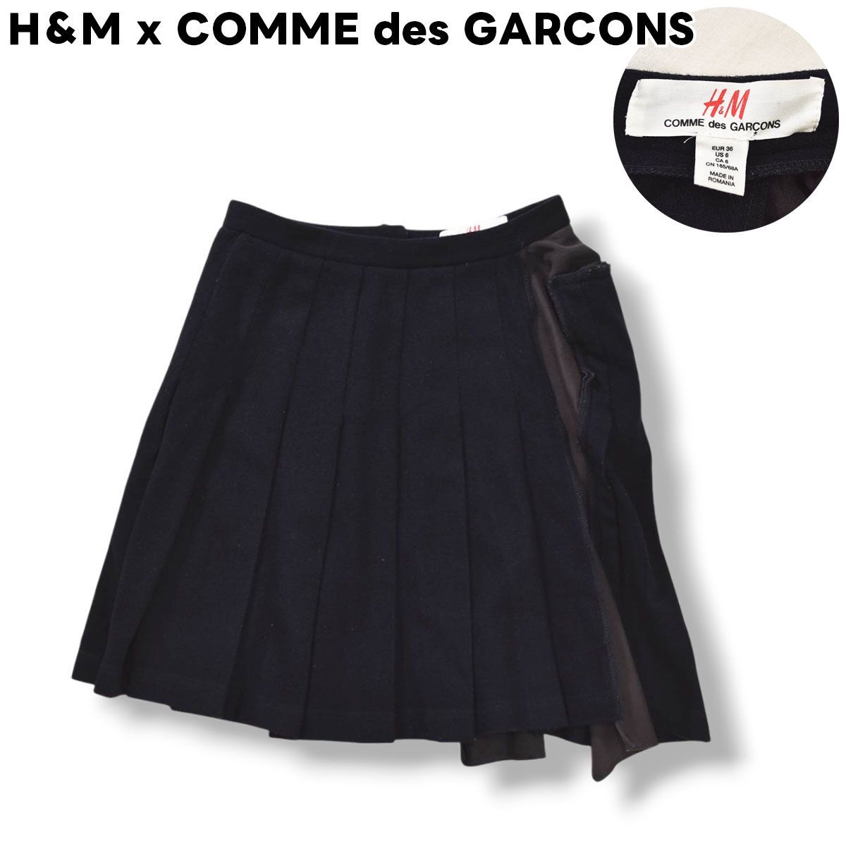 ルーマニア製 エイチアンドエム x コムデギャルソン H＆M x COMME des GARCONS 膝丈 ウール プリーツ スカート アシンメトリー 立体裁断 165 68A ネイビー モード デザイナーズ レディース ♪