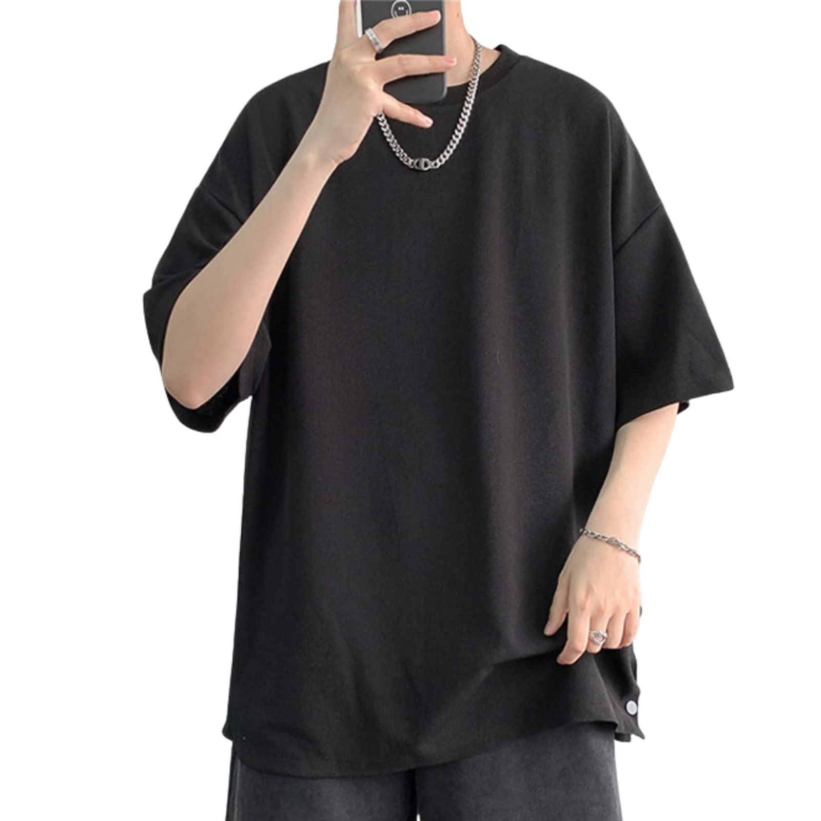 Tシャツ メンズ スリット 半袖 夏秋 薄手 大きいサイズ ゆったり カジュアル シンプル 無地 (XL， ブラック) [ブラック] [XL]