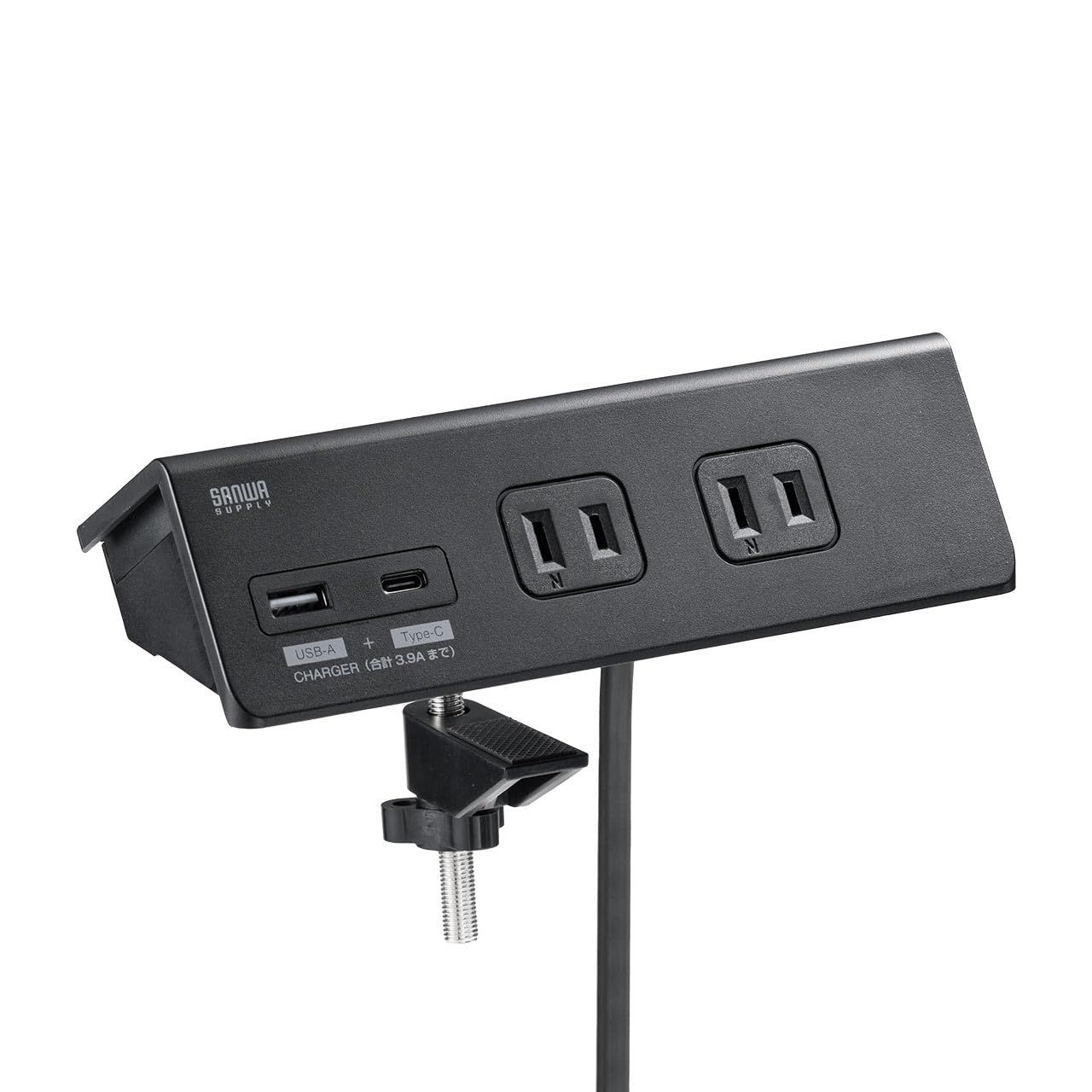 サンワダイレクト 卓上電源タップ クランプ 固定式 AC4個口 USB-C×1 USB-A×1 3m 一括集中スイッチ 卓上 固定 電源タップ ブラック 700-TAP047UC-3BK