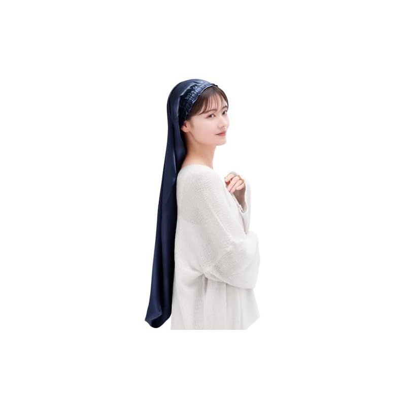 COCOSILK シルク ナイトキャップ ロングヘア用 シルクキャップ 筒型 ナイトキャップ ロング 髪 シルク 筒 ロングヘア 筒状 ヘアキャップ 90cm ネイビー Free Size