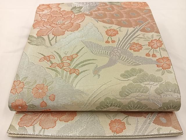 平和屋着物◎佐賀錦 六通柄袋帯 花鳥文 銀糸 正絹 逸品 BAAT7629ow