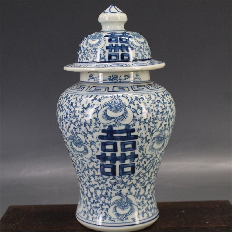 青花喜字缶 茶缶 茶道具 景徳鎮 陶磁器 装飾品 現代工芸品 美術品 置物 青花喜字缶 茶缶 茶道具 景徳鎮 陶磁器 装飾品 現代工芸品