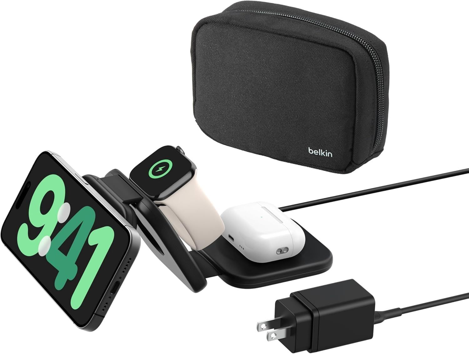 新着商品 Belkin 3-in-1 ワイヤレス充電 ポータブルパッド Qi2認証|MagSafe対応 iPhone 16～12|スマホ 最大15W高速充電 Apple Watch 10～7|Ultra|Ultra2 急速充電対応 USB-Cケーブル付