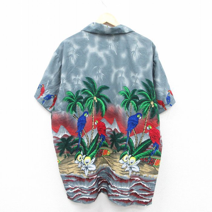 XL/古着 半袖 ハワイアン シャツ メンズ ヤシの木 鳥 大きい