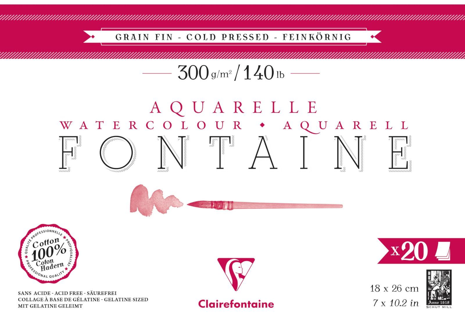 クレールフォンテーヌ 水彩紙 【フォンテーヌ】 中目 18×26（20枚入） ブロック 画用紙 超厚口 300g Clairefontaine cf975449