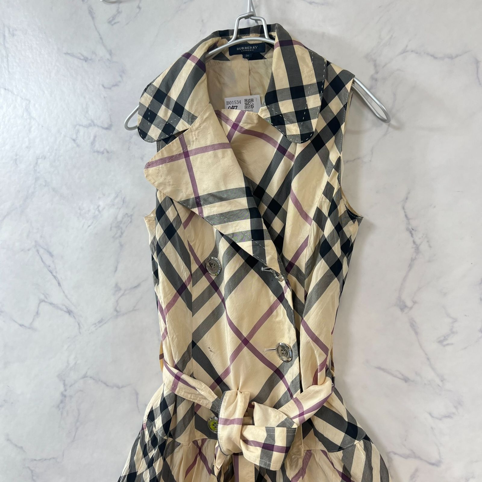 シルク混 バーバリーロンドン ノバチェックロングワンピース メタルロゴボタン ベルト ラップワンピース レディース S相当 ベージュ系 B1534