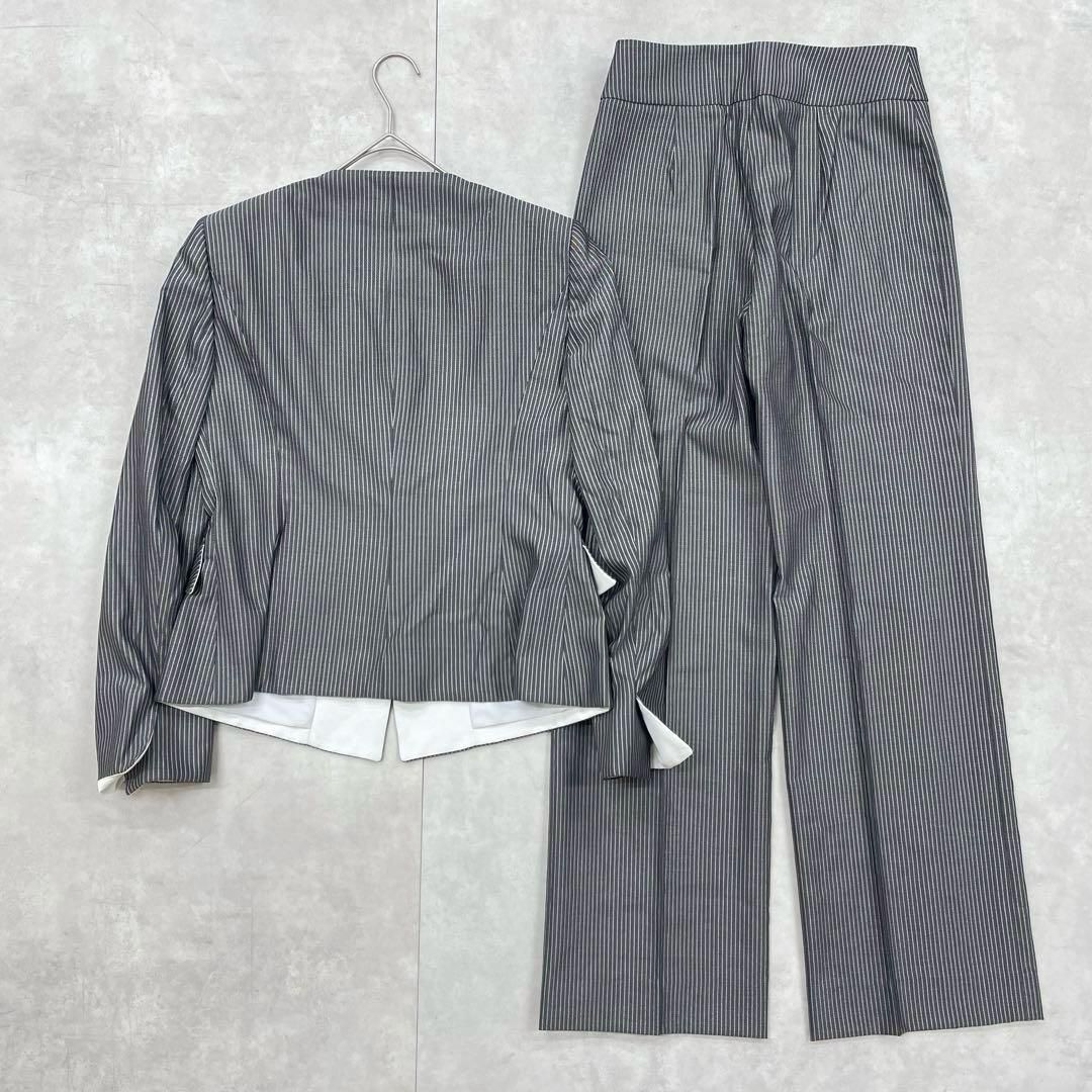 ARMANI COLLEZIONI アルマーニ コレツォーニ ストライプ柄 セットアップ ノーカラージャケット ワイドパンツ グレー 44 ウール レーヨン コットン シルク