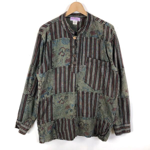 【古着】 柄シャツ 象 ストライプ パッチワーク 民族系 プルオーバー 長袖 グリーン系 メンズS 【中古】 n056946