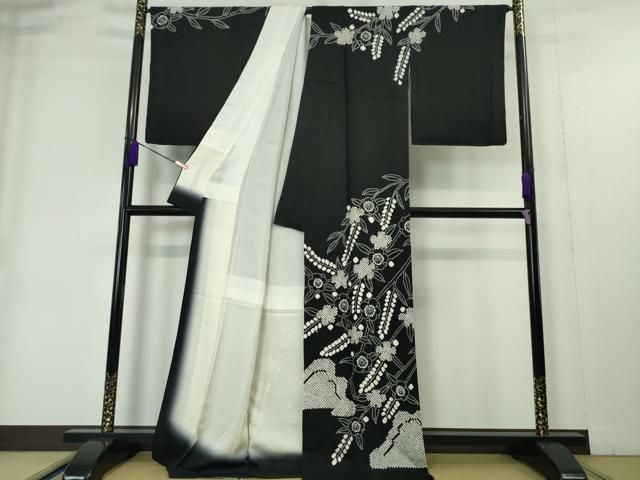 平和屋本店□極上 本疋田絞り 訪問着 枝垂れ花 黒地 逸品 DZAA4446kh5  