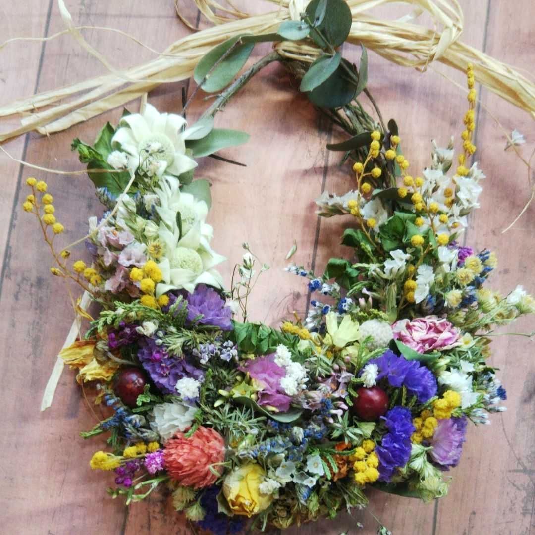 ミモザとかすみ草のふんわりリース☆ドライフラワーリース かゆい 