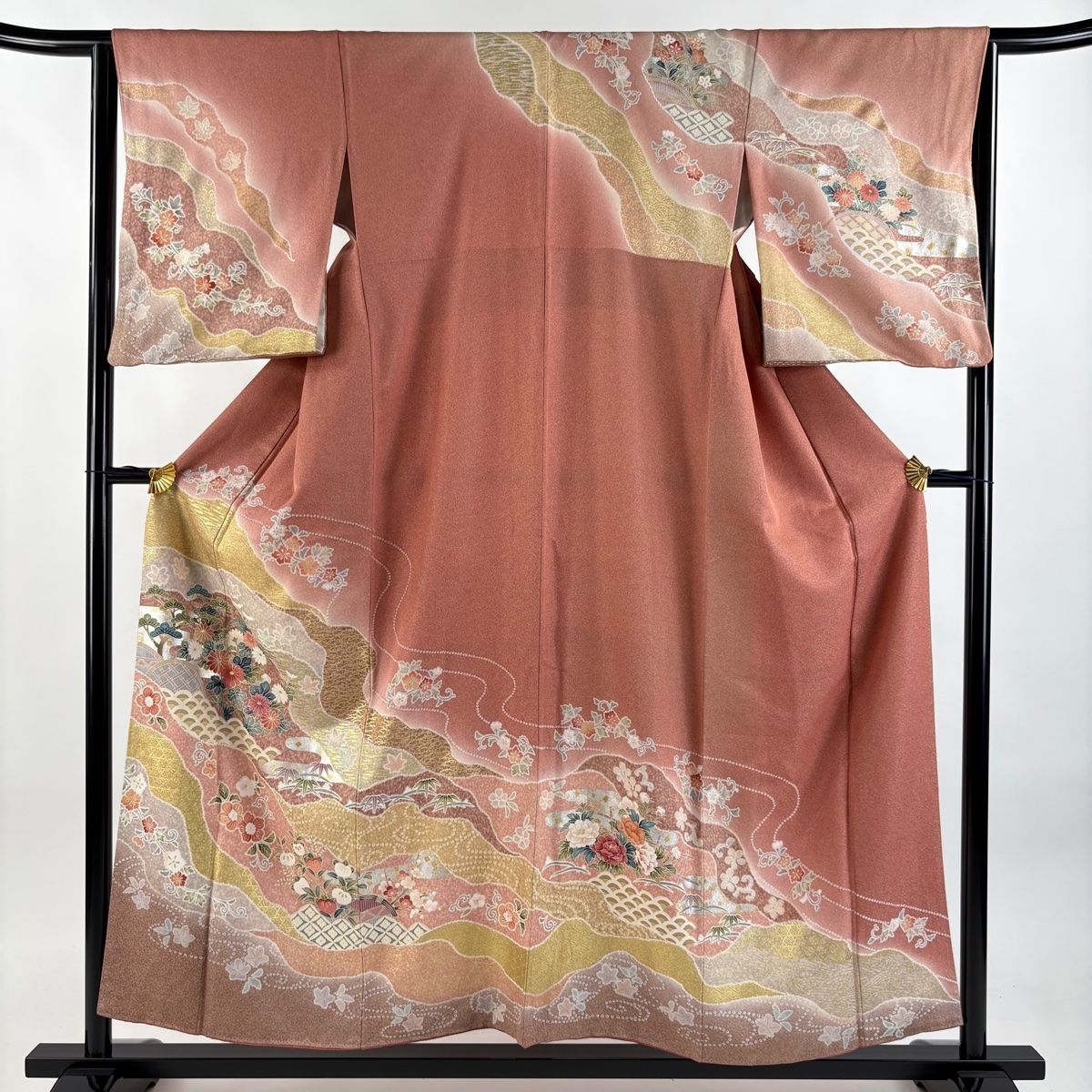 訪問着 身丈156.5cm 裄丈65cm M 袷 草花 道長取り 金銀彩 銀通し 茜色 正絹 名品