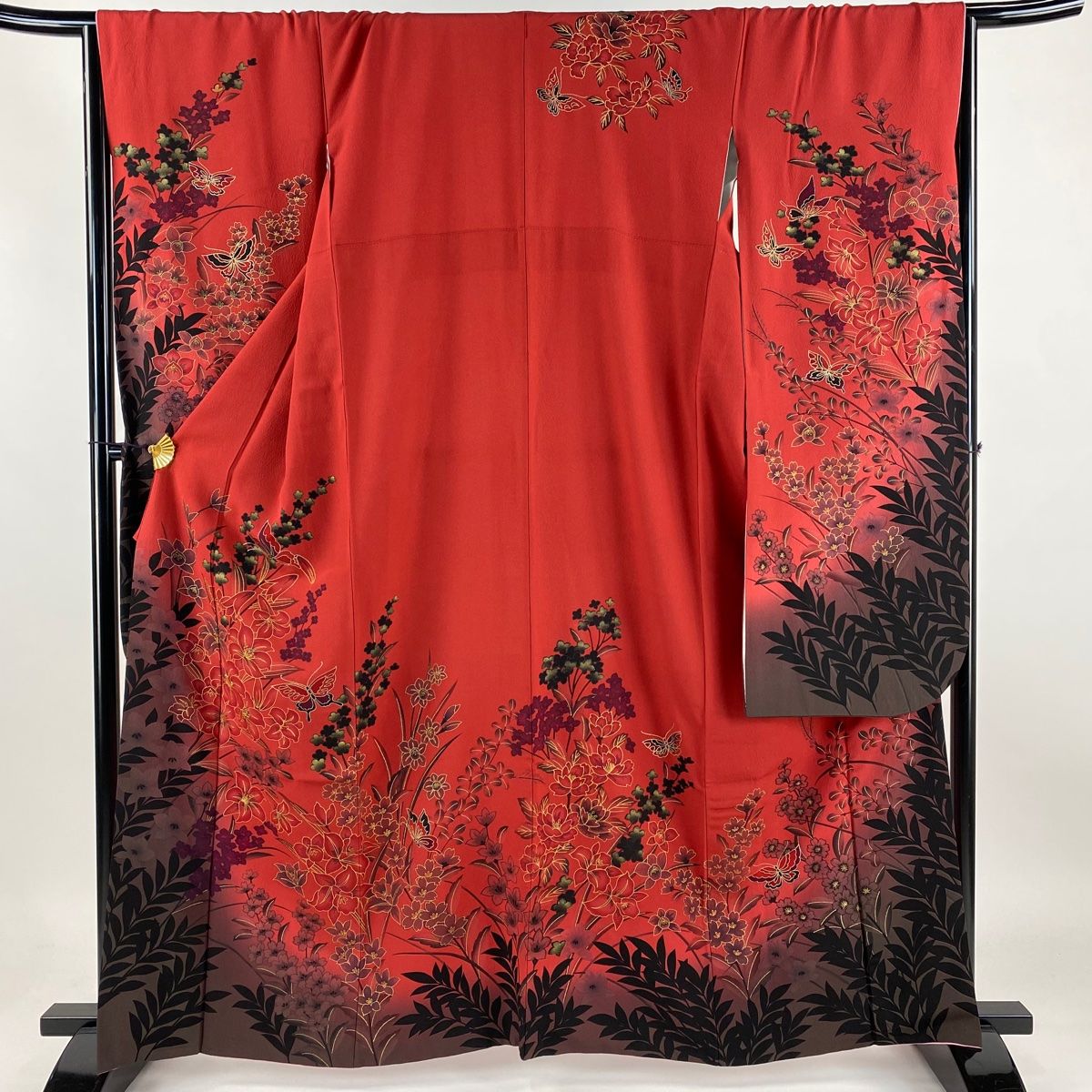 振袖 身丈162cm 裄丈66.5cm M 袷 百合 蝶 箔 金彩 朱色 正絹 美