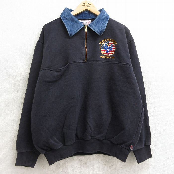 XL/古着 長袖 ハーフジップ スウェット メンズ 90s ファイヤー アカデミー 襟デニム ヒジ当て 大きいサイズ 濃紺 ネイビー 24aug27 中古 ス