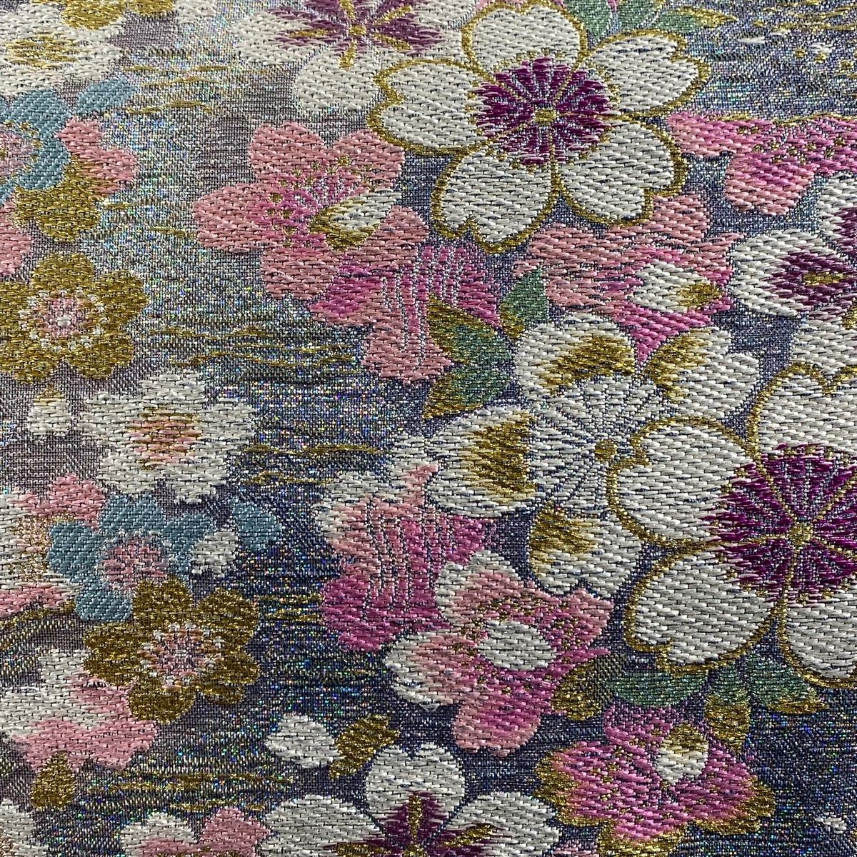 未セットアップ 袋帯 秀品 やまと 桜 波 金銀糸 刺繍 灰紫 六通 正絹 全部激安で販売！