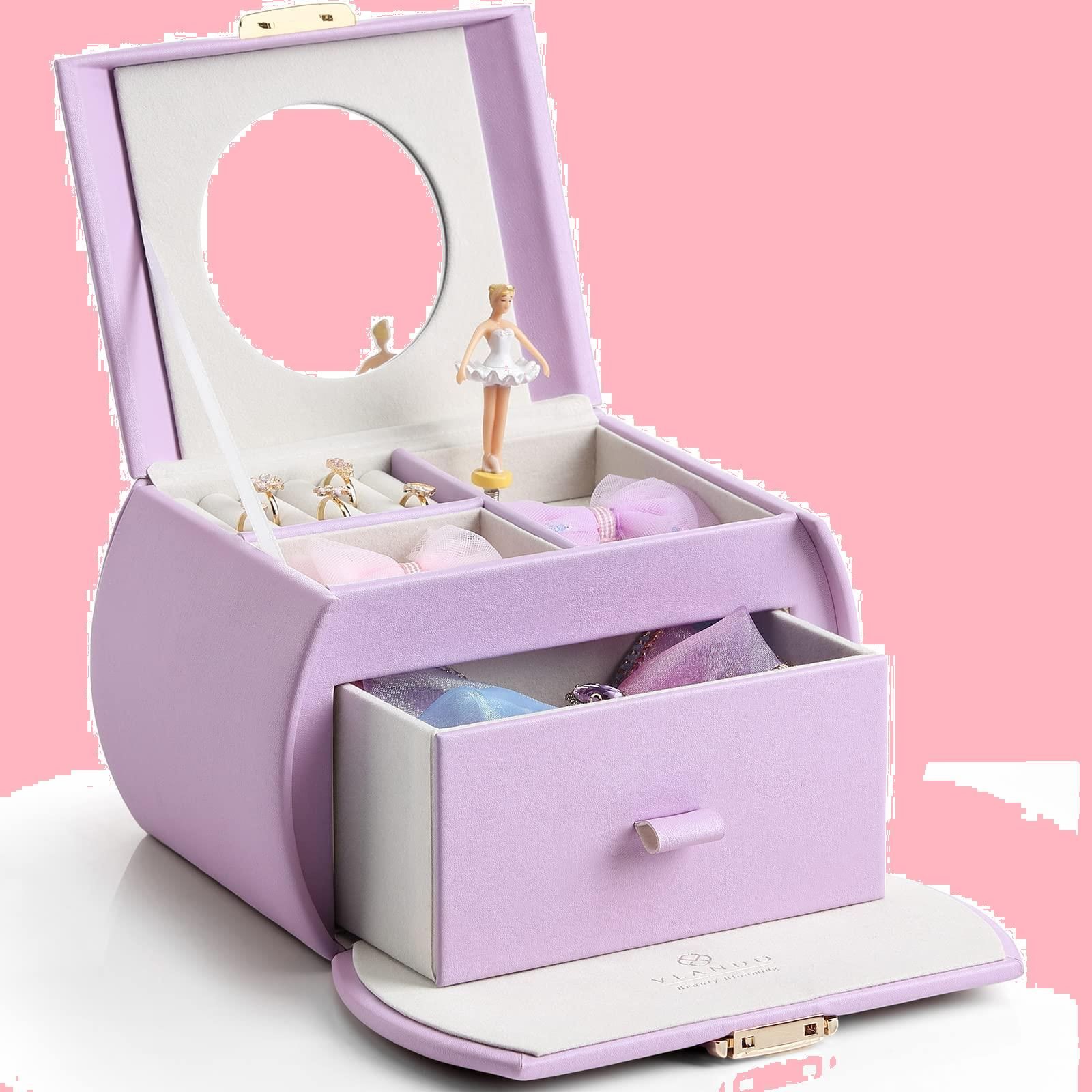 特価 娘へのプレゼント 半円形 鏡付き ジュエリーボックス オルゴール プレゼント子供 アクセサリーケース Vlando 携帯用 引き出し 2段（ラベンダー）