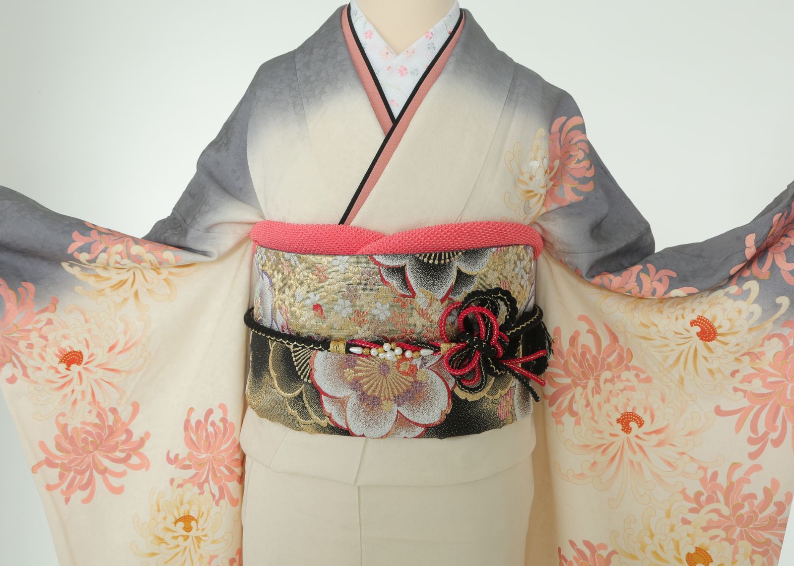 白グレー 振袖セット7点 正絹 成人式Lサイズ 帯 帯あげ 帯締め L