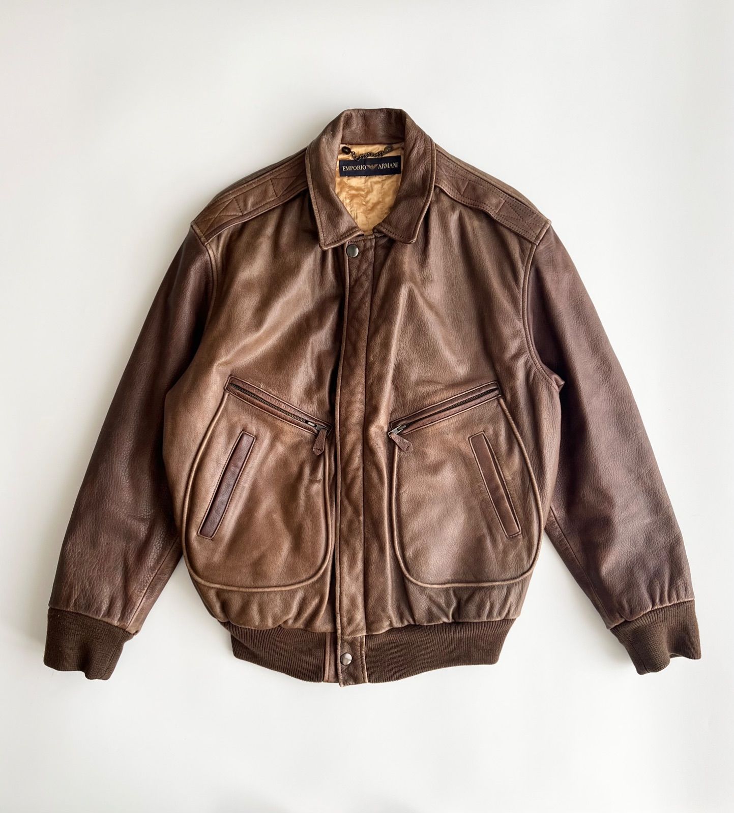 FW1991 EMPORIO ARMANI A-2 LEATHER JACKET 1980年代 オールド エンポリオアルマーニ レザー フライトジャケット アーカイブ ミリタリー レザージャケット 90s