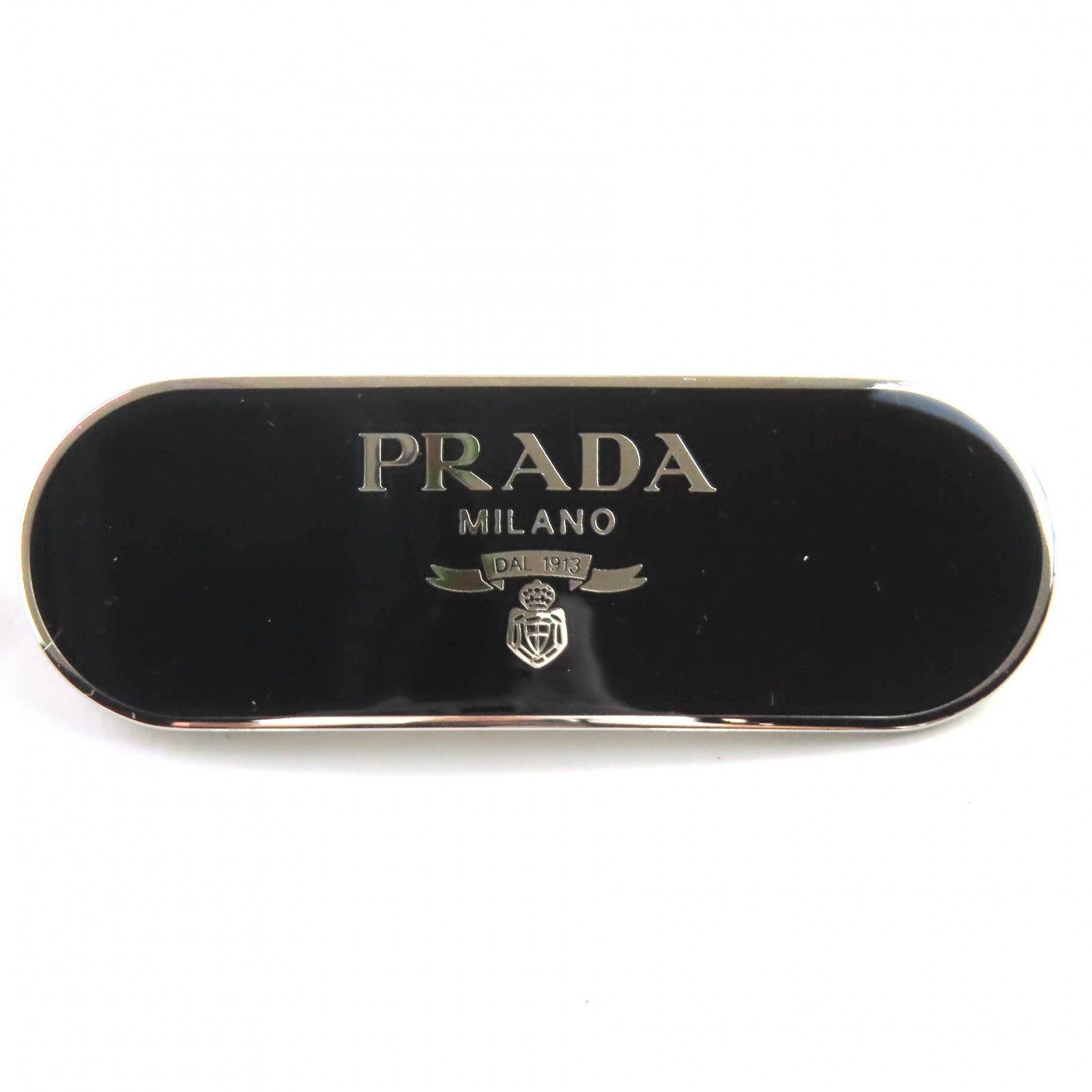 △PRADA プラダ 1IF022 ロゴメタルプレート バレッタ ヘアクリップ ヘアアクセサリー ブラック シルバー き イタリア製 レディース