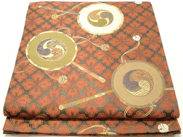 平和屋着物◎六通柄袋帯 玩具文 でんでん太鼓 金糸 正絹 逸品