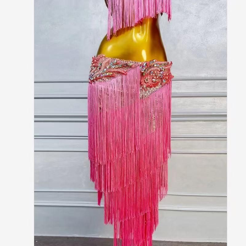  100%品質保証、送料無料。 ベリーダンス オリエンタル衣装 ブラ スカート フリンジ オーダーメイド ピンクM|L シャツ