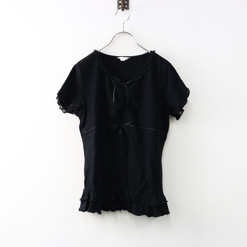 美品 PINK HOUSE ピンクハウス フリルリボンレースカットソー L PINK HOUSE ピンクハウス ブラウス 綿ローン レディース