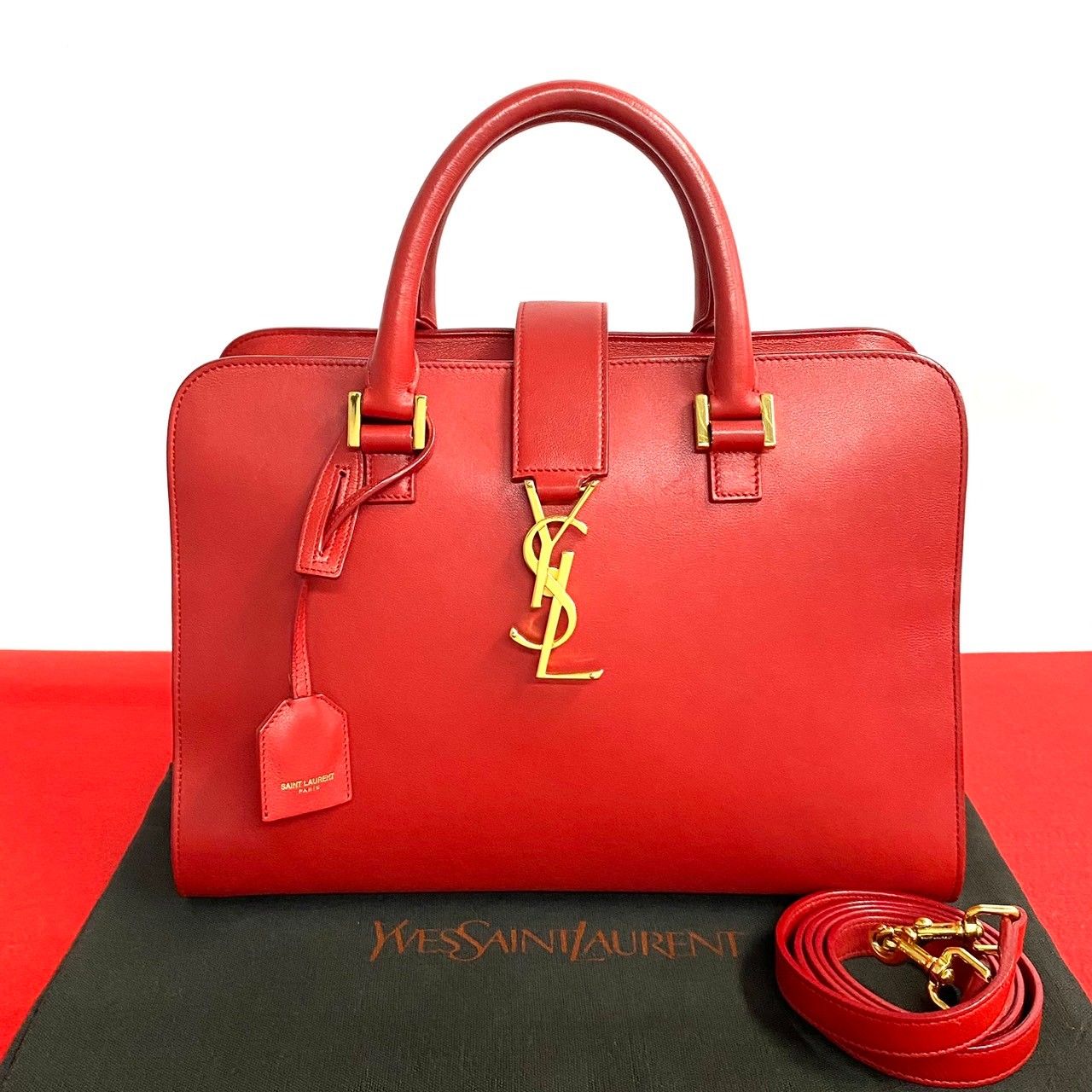 極 美品 YVES SAINT LAURENT イヴサンローラン ベイビーカバス YSL ロゴ 金具 レザー 2way ハンドバッグ ショルダーバッグ  レッド 19232 - メルカリ