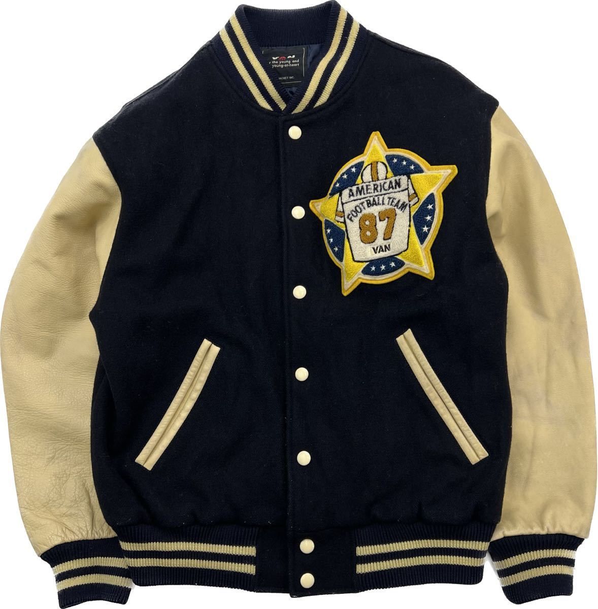 VAN JAC 袖革 レザー ウール スタジャン バーシティージャケット