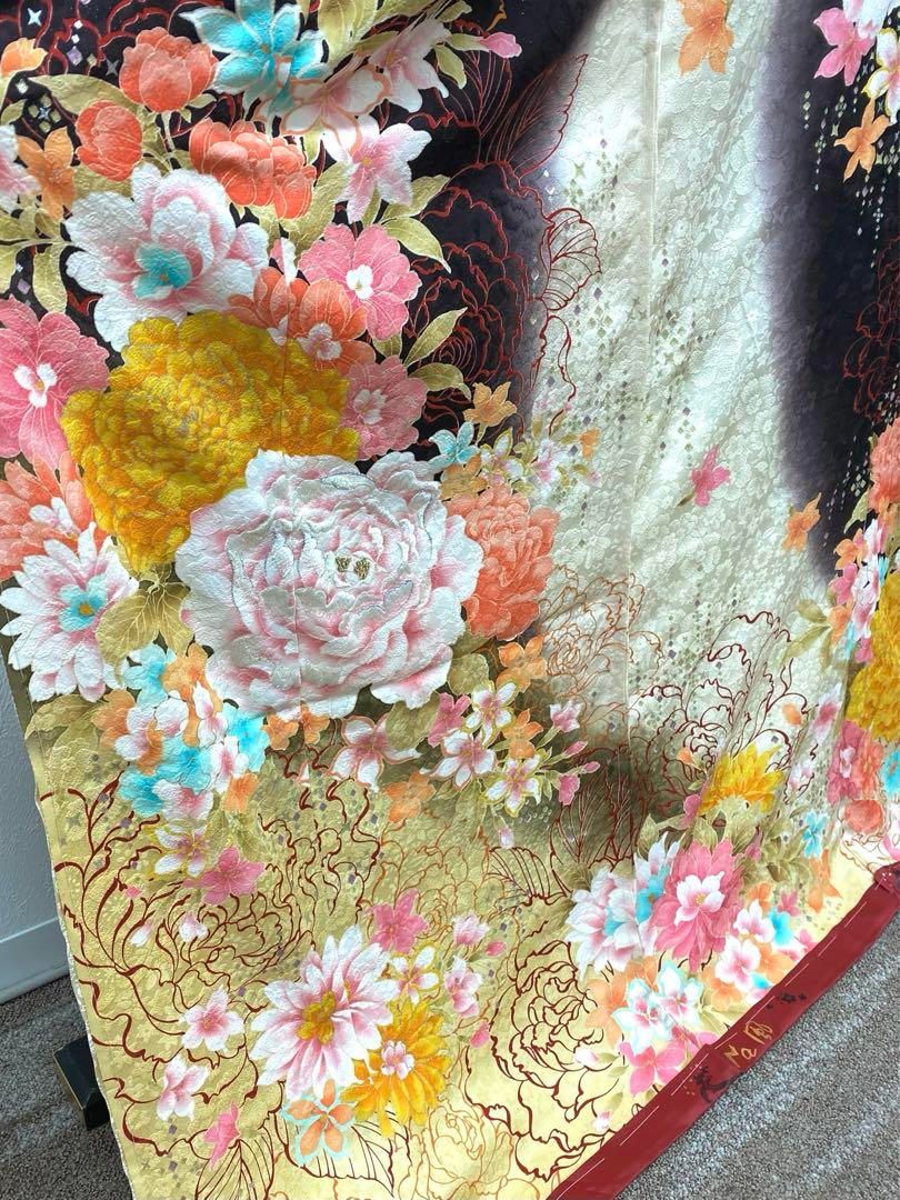 振袖 総絞り 波模様に蝶々 花模様 菊 黒色 金彩 トールサイズ K-5454
