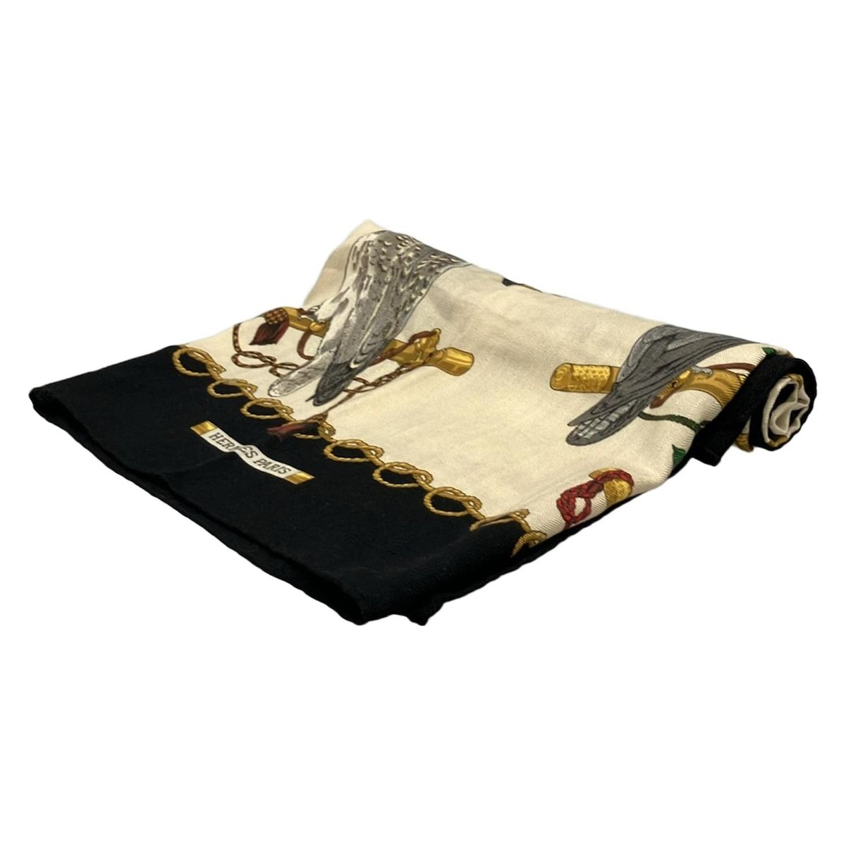 HERMES エルメス ストール ショール カレ90 ベージュ×黒×マルチ LES OISEAUX DU ROY カシミヤ シルク