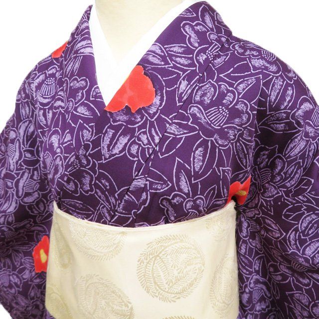 小紋 着物 中古 正絹 袷 カジュアル 花模様 椿 葡萄色 多色