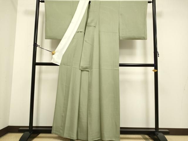 平和屋着物＊夏物 色無地 縦絽 堅牢草木染 鶸茶色 反端付き