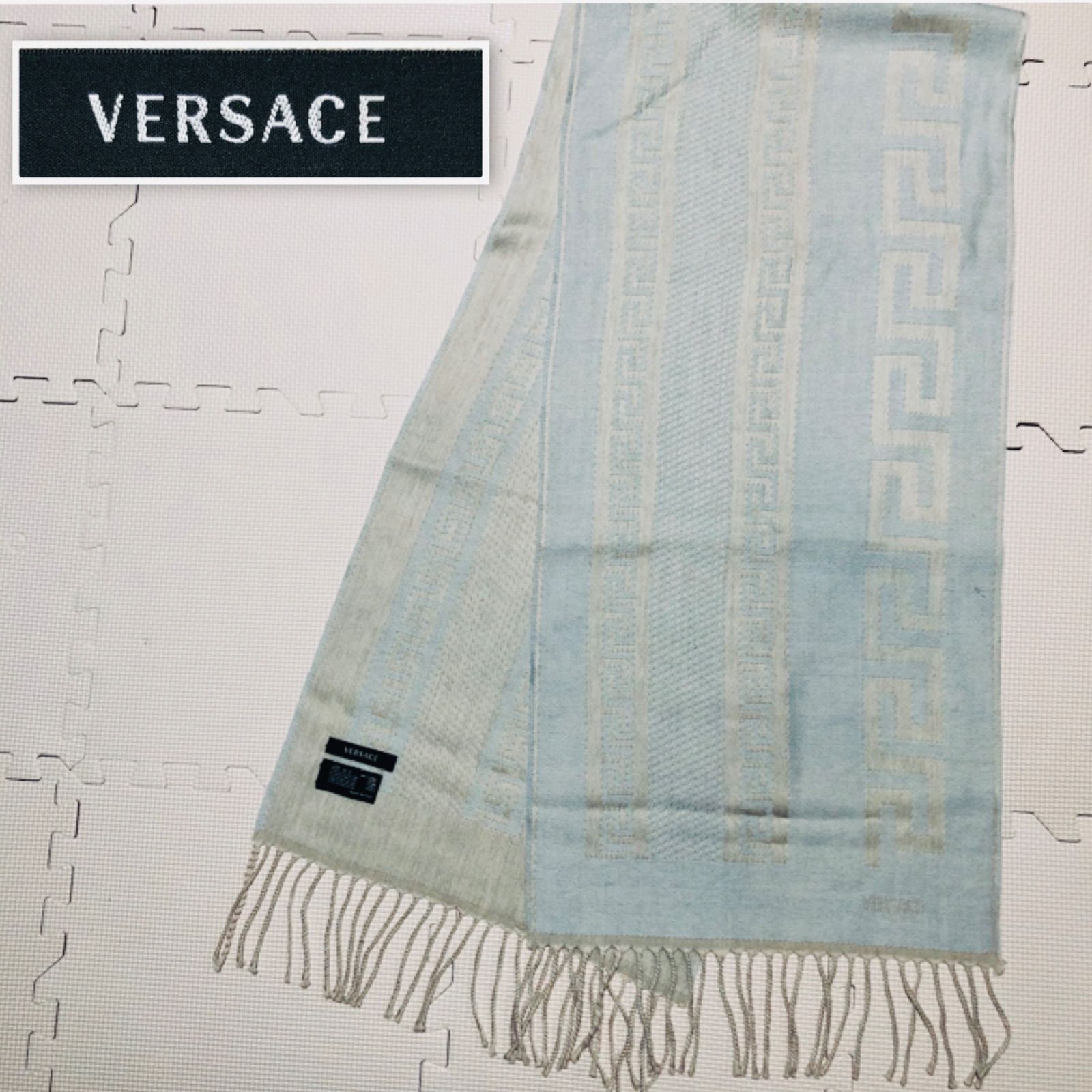 □美品□VERSACE ヴェルサーチ ウールマフラー ギリシア雷文 ロゴ 